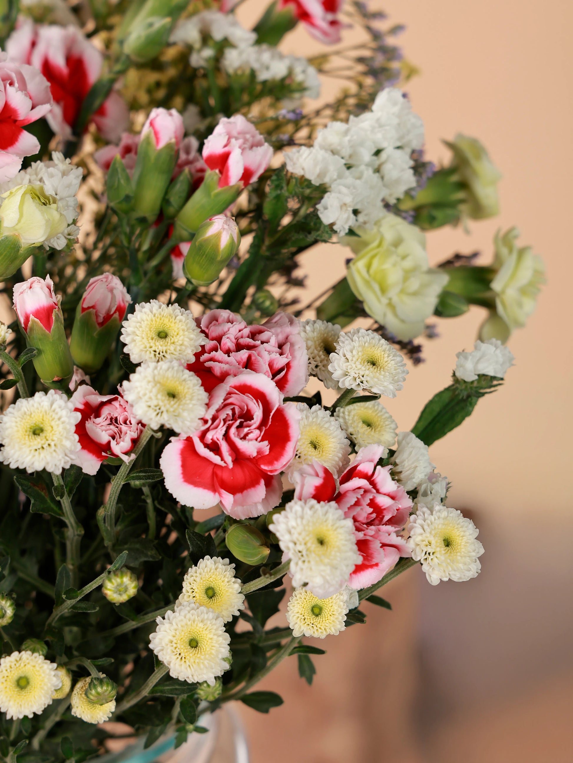 Detailed view of a colorful bouquet: red, white, and cream flowers with green foliage